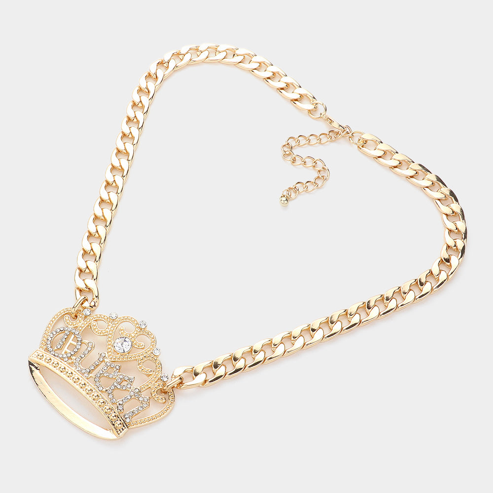 iLLASPARKZ Stone Paved QUEEN Message Accented Crown Pendant Chunky Chain Necklace