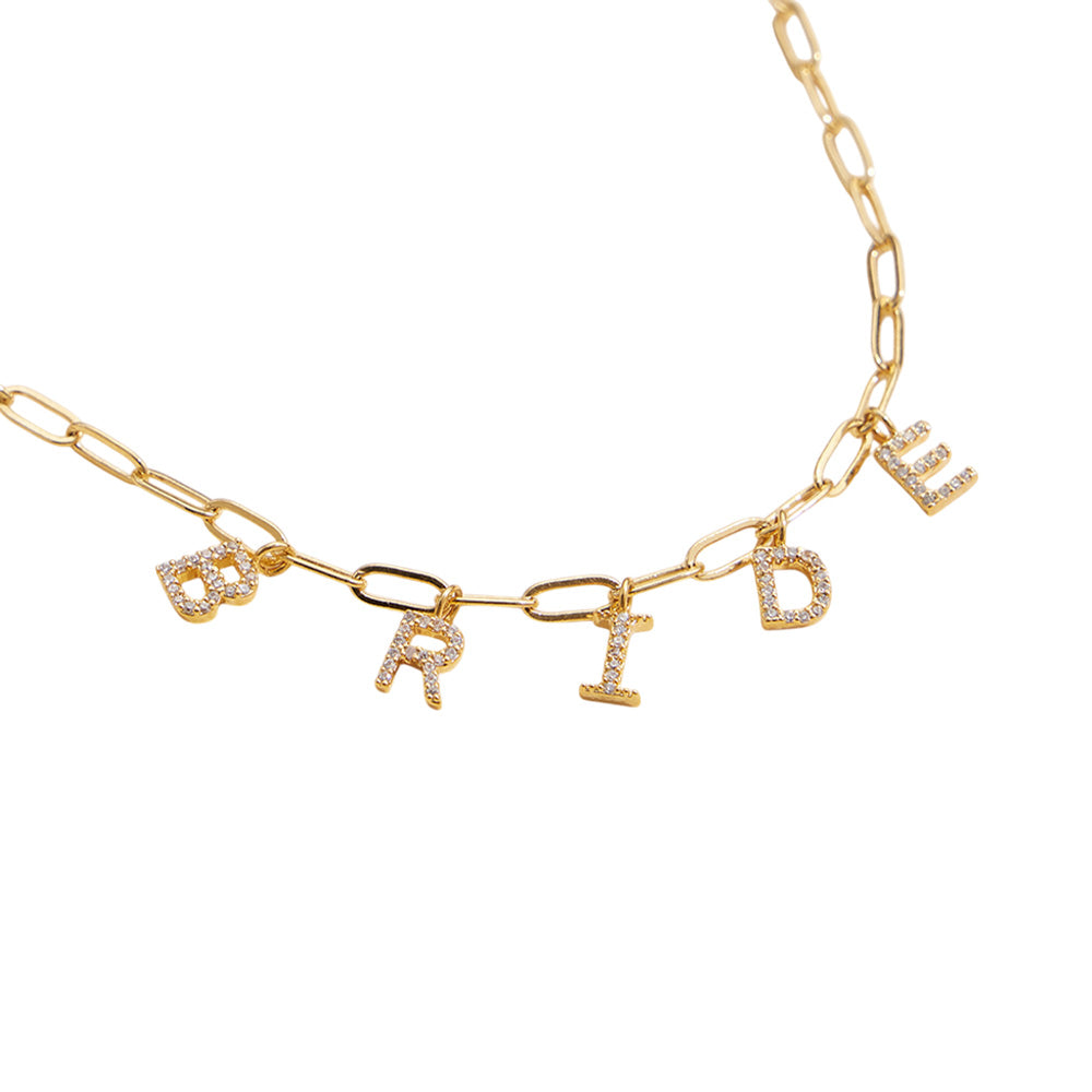 iLLASPARKZ Semi Fine Collection - 18K Gold Dipped Brass Metal Stone Paved BRIDE Monogram Charm Paperclip Chain Necklace