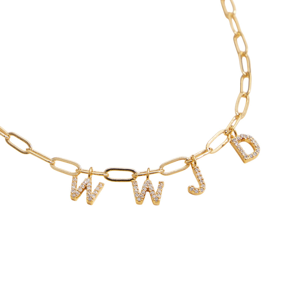 iLLASPARKZ Semi Fine Collection - 18K Gold Dipped Brass Metal Stone Paved WWJD Monogram Charm Paperclip Chain Necklace