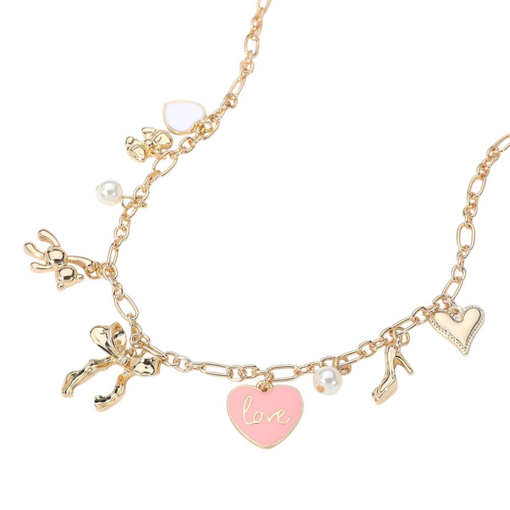 iLLASPARKZ Enamel Heart Pearl Metal Teddy Bear Bow High Heel Charm Station Necklace