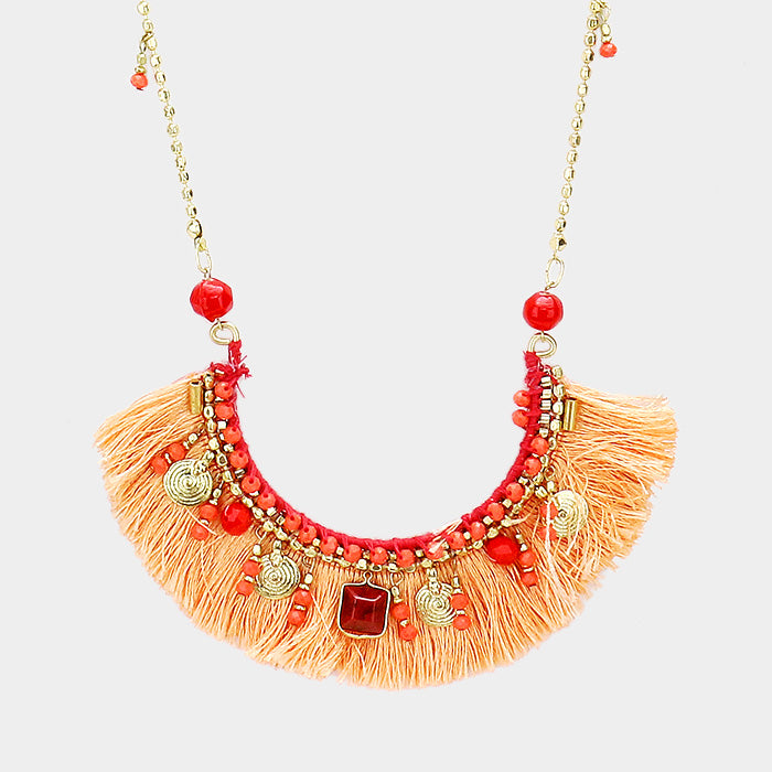 iLLASPARKZ Multi Bead Detail Thread Fringe Long Necklace