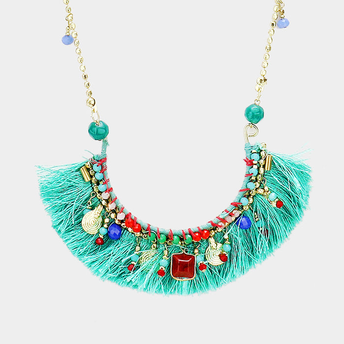 iLLASPARKZ Multi Bead Detail Thread Fringe Long Necklace