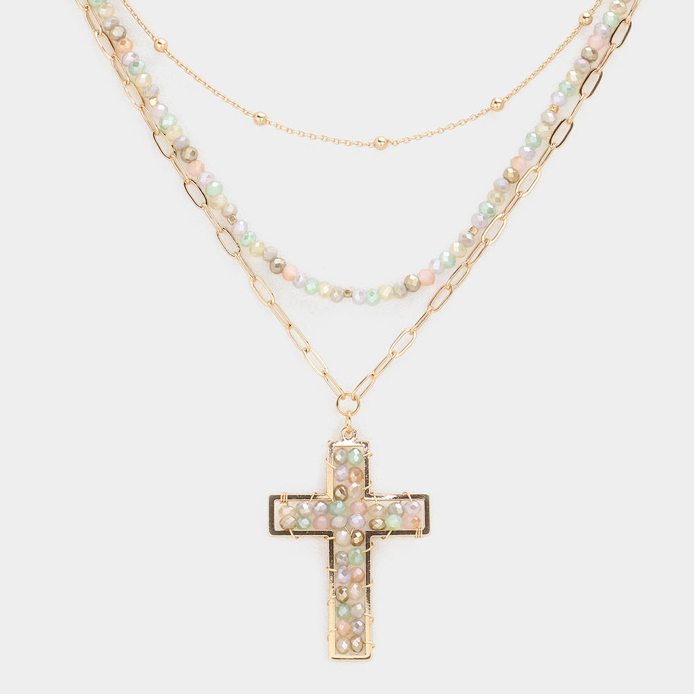 iLLASPARKZ Faceted Beaded Metal Paper Clip Chain Layered Cross Pendant Necklace