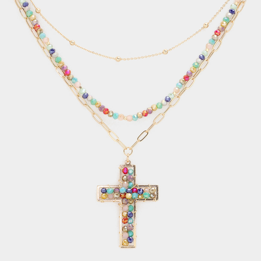 iLLASPARKZ Faceted Beaded Metal Paper Clip Chain Layered Cross Pendant Necklace