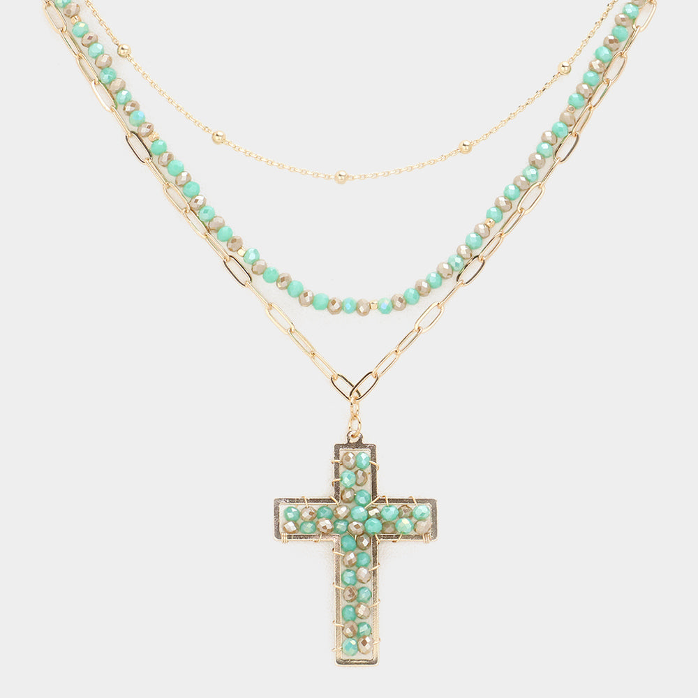 iLLASPARKZ Faceted Beaded Metal Paper Clip Chain Layered Cross Pendant Necklace