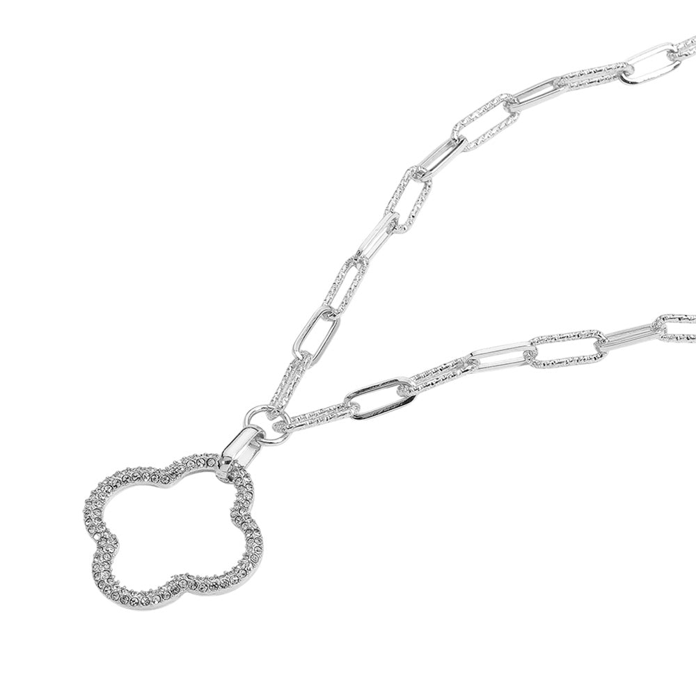 iLLASPARKZ Stone Paved Open Quatrefoil Pendant Textured Paperclip Chain Necklace