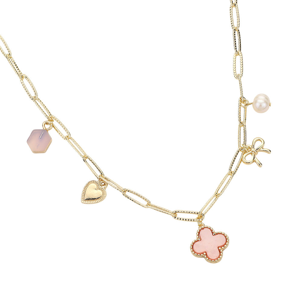 iLLASPARKZ Quatrefoil Bow Heart Pearl Charm Station Paperclip Chain Necklace