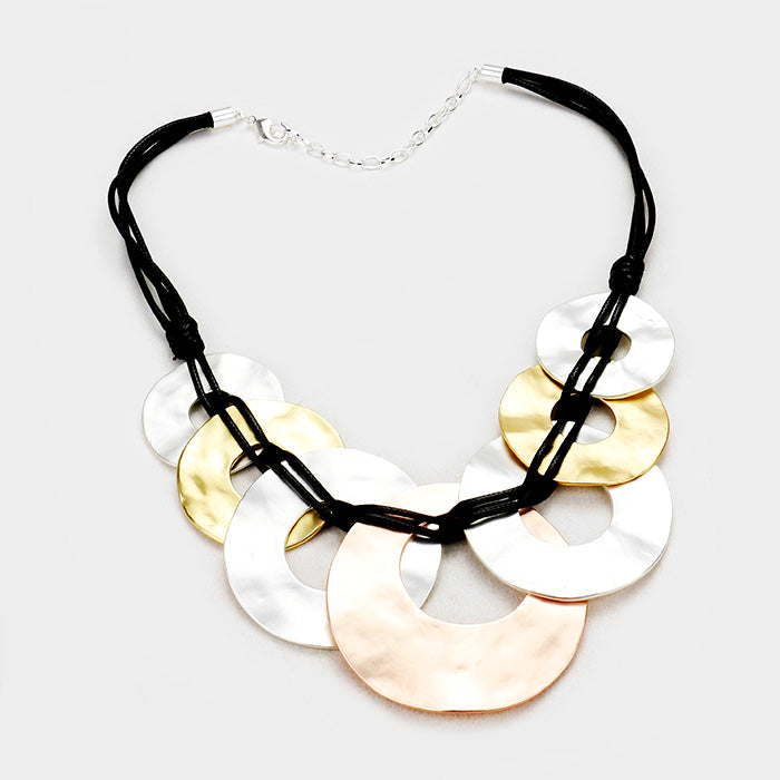 iLLASPARKZ Layered Cord Hammered Metal Hoop Bib Necklace