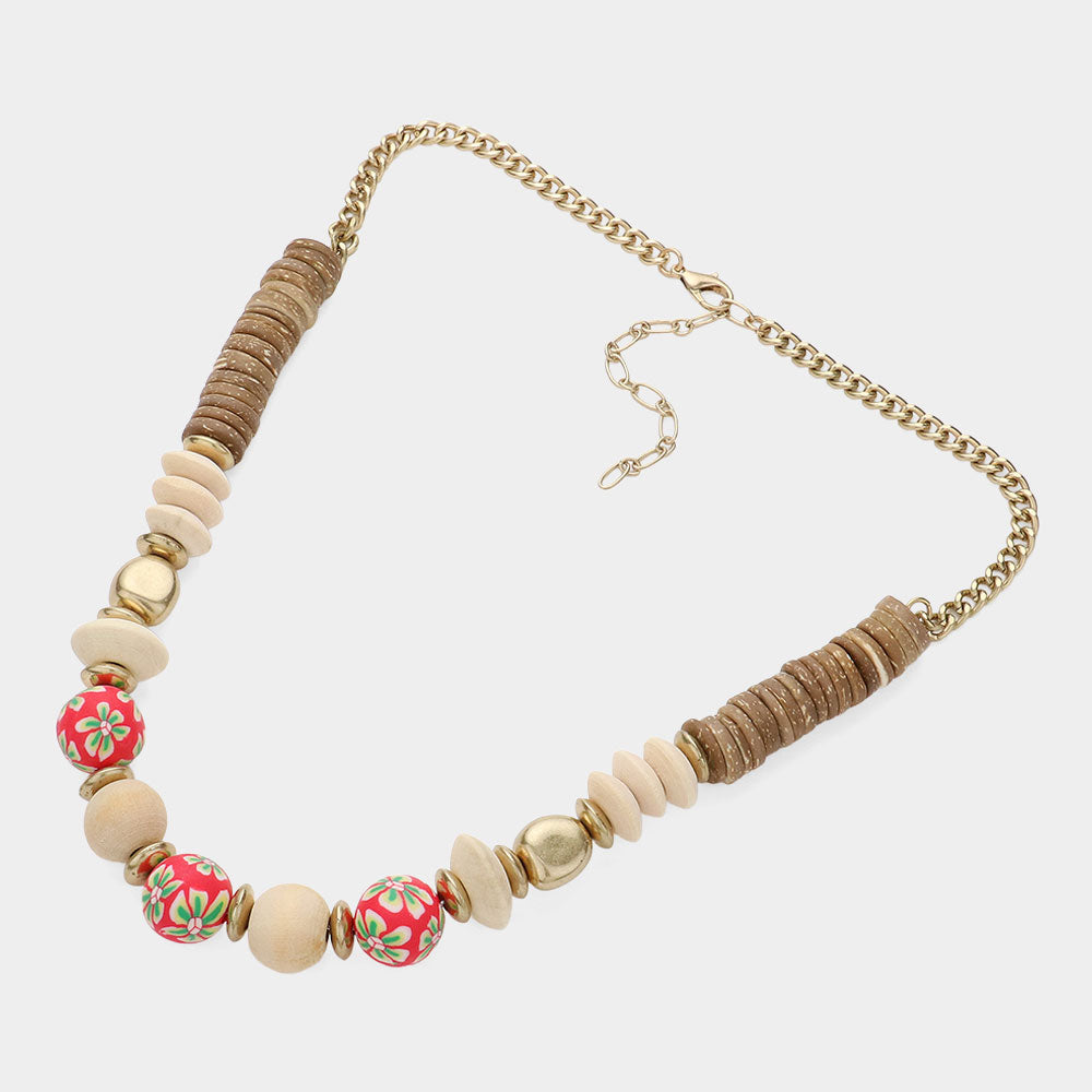 iLLASPARKZ Flower Patterned Ball Accented Wood Necklace