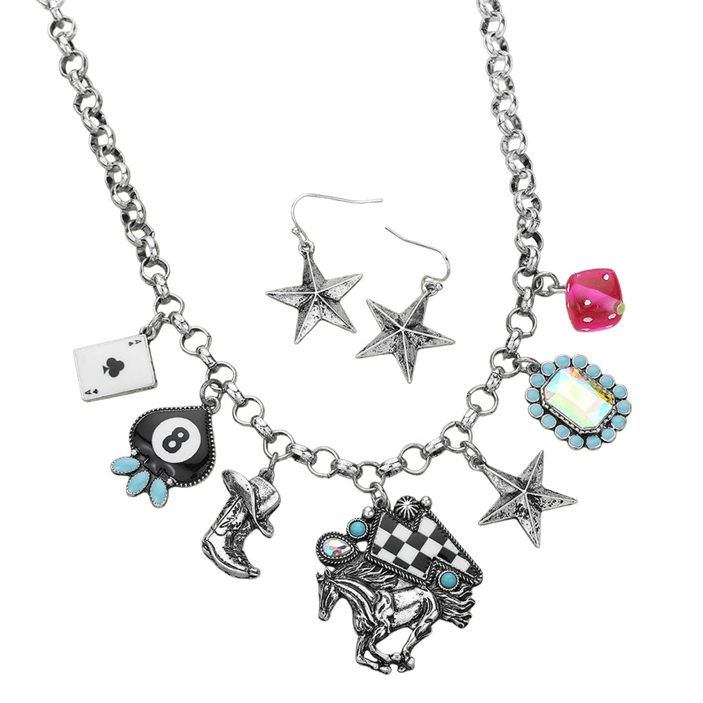 iLLASPARKZ Ace Of Clover 8 Ball Billiard Metal Western Boot Horse Star Dice Charm Station Necklace