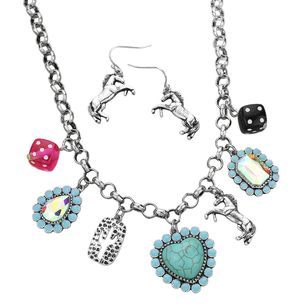 iLLASPARKZ Dice Teardrop Rectangle Stone Cluster Turquoise Heart Cluster Metal Cactus Western Horse Charm Station Necklace