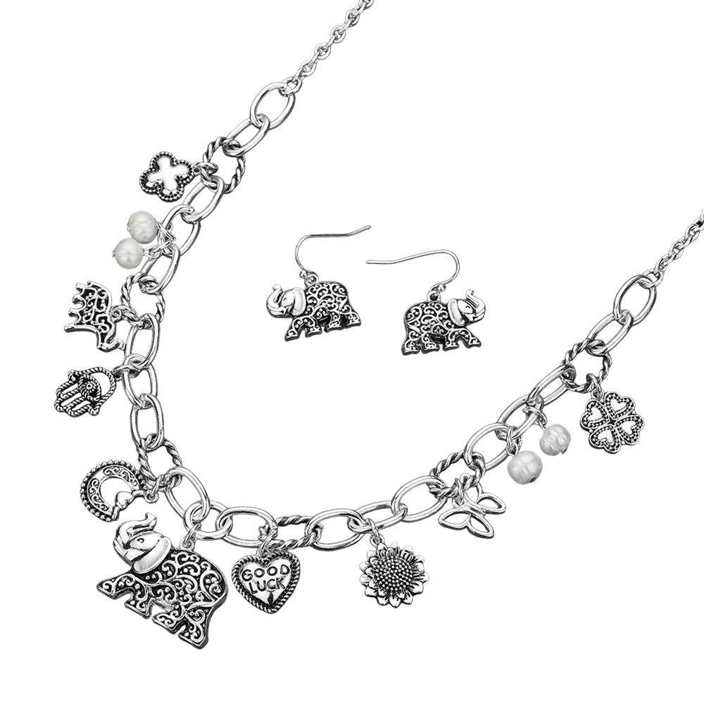 iLLASPARKZ Antique Metal Elephant Hamsa Hand Clover Quatrefoil Butterfly Good Luck Heart Pearl Charm Station Necklace