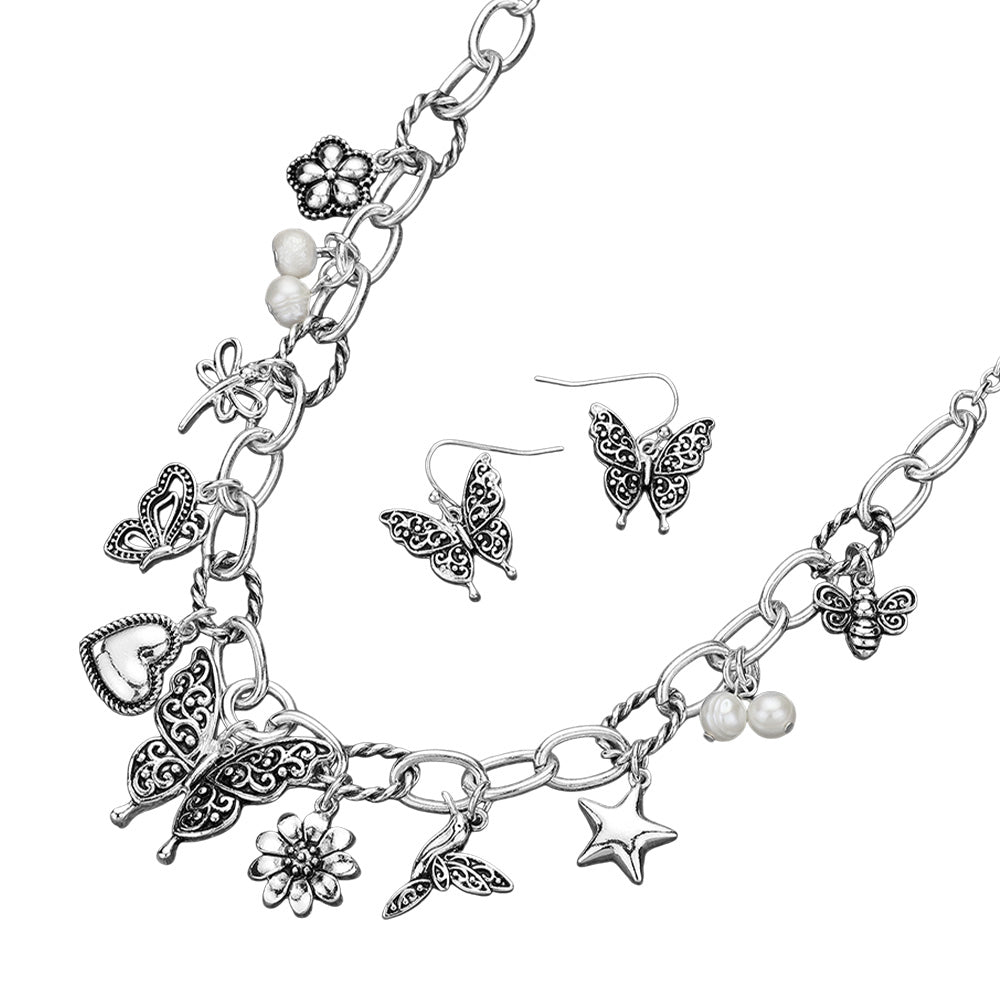 iLLASPARKZ Antique Metal Butterfly Dragonfly Heart Flower Bird Star Honey Bee Pearl Charm Station Necklace