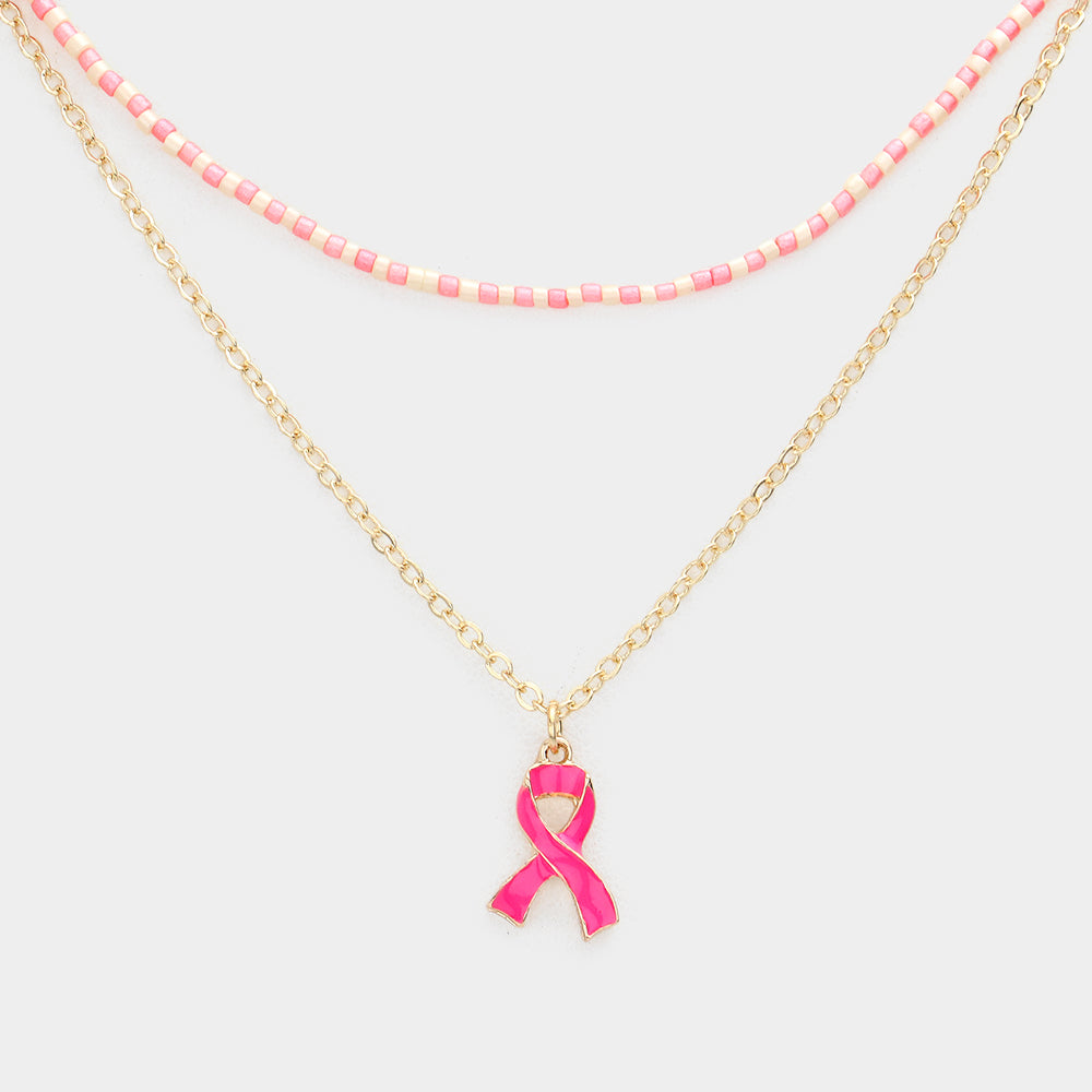 iLLASPARKZ Enamel Pink Ribbon Pendant Double Layered Necklace