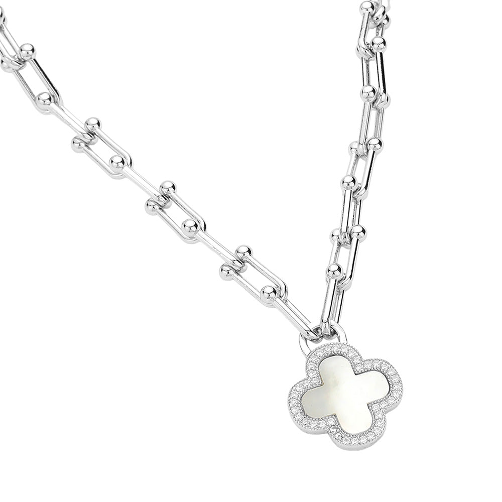 iLLASPARKZ CZ Stone Paved Rim Mother Of Pearl Quatrefoil Pendant Hardware Chain Necklace