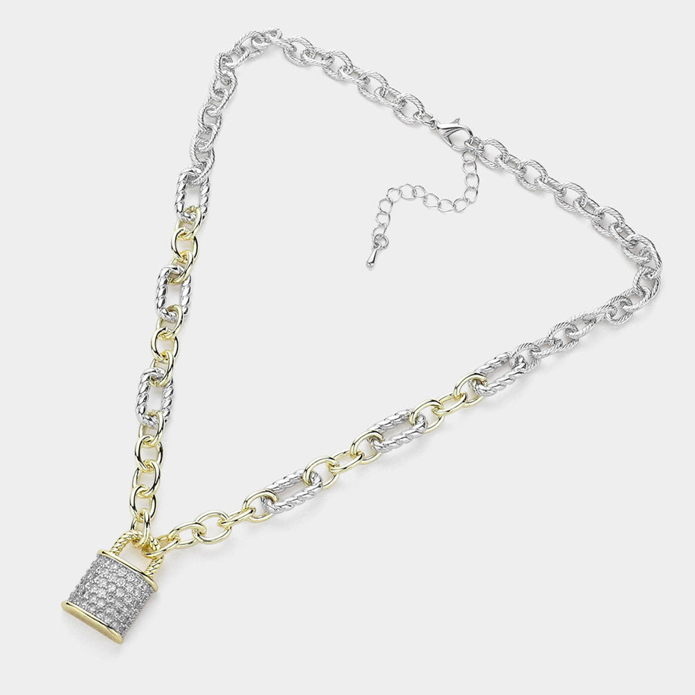 iLLASPARKZ 14K Gold Plated CZ Paved Lock Pendant Two Tone Chain Necklace