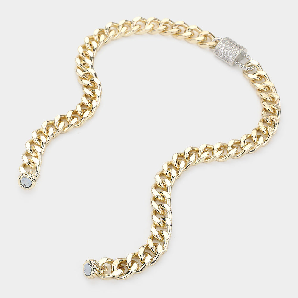 iLLASPARKZ 14K Gold Plated CZ Stone Paved Square Pointed Cuban Chain Magnetic Necklace