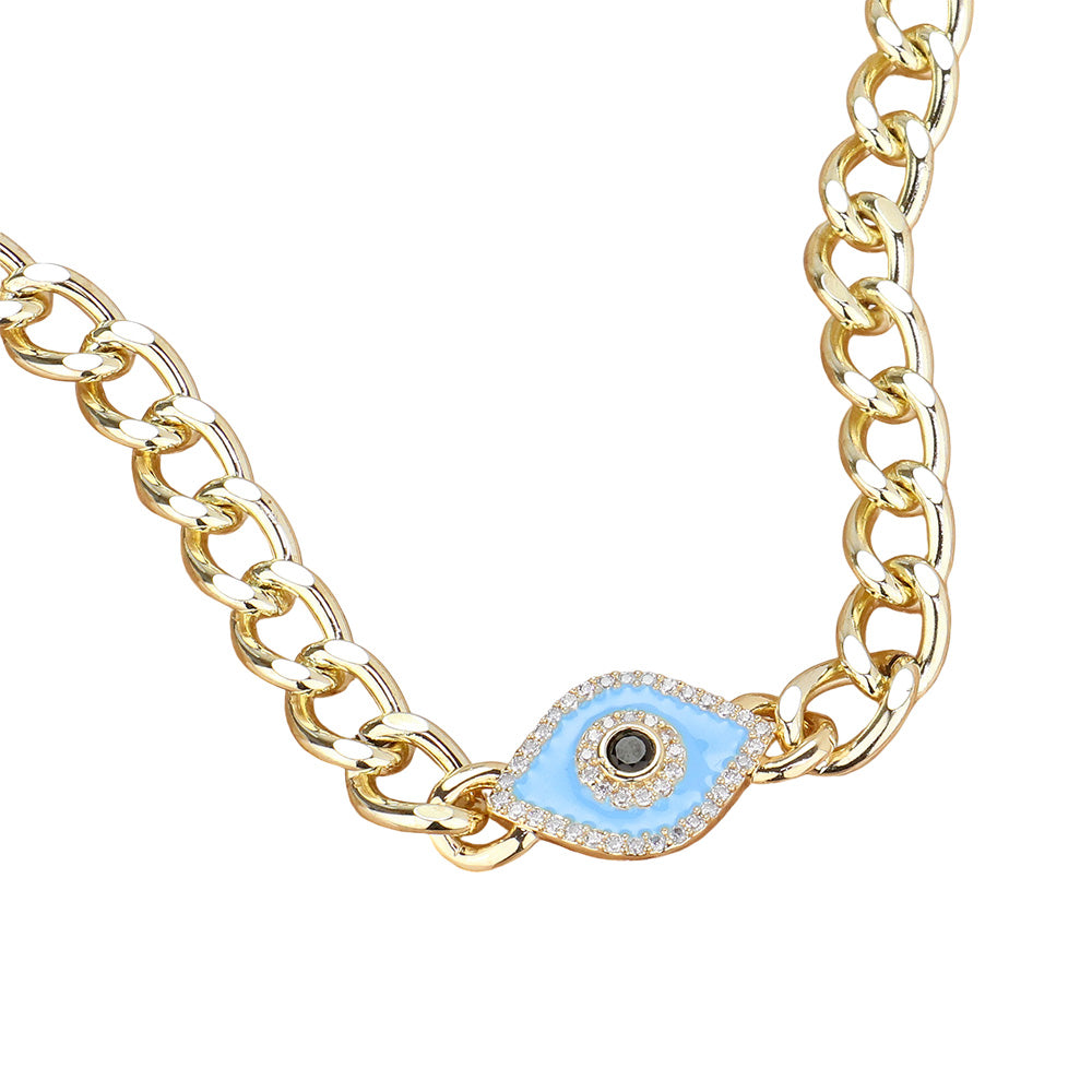 iLLASPARKZ 14K Gold Plated CZ Stone Paved Enamel Evil Eye Pendant Pointed Cuban Chain Necklace