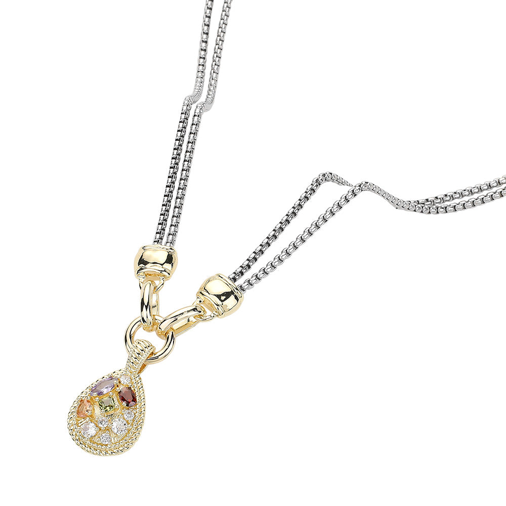 iLLASPARKZ 14K Gold Plated CZ Stone Embellished Teardrop Pendant Double Chain Toggle Necklace