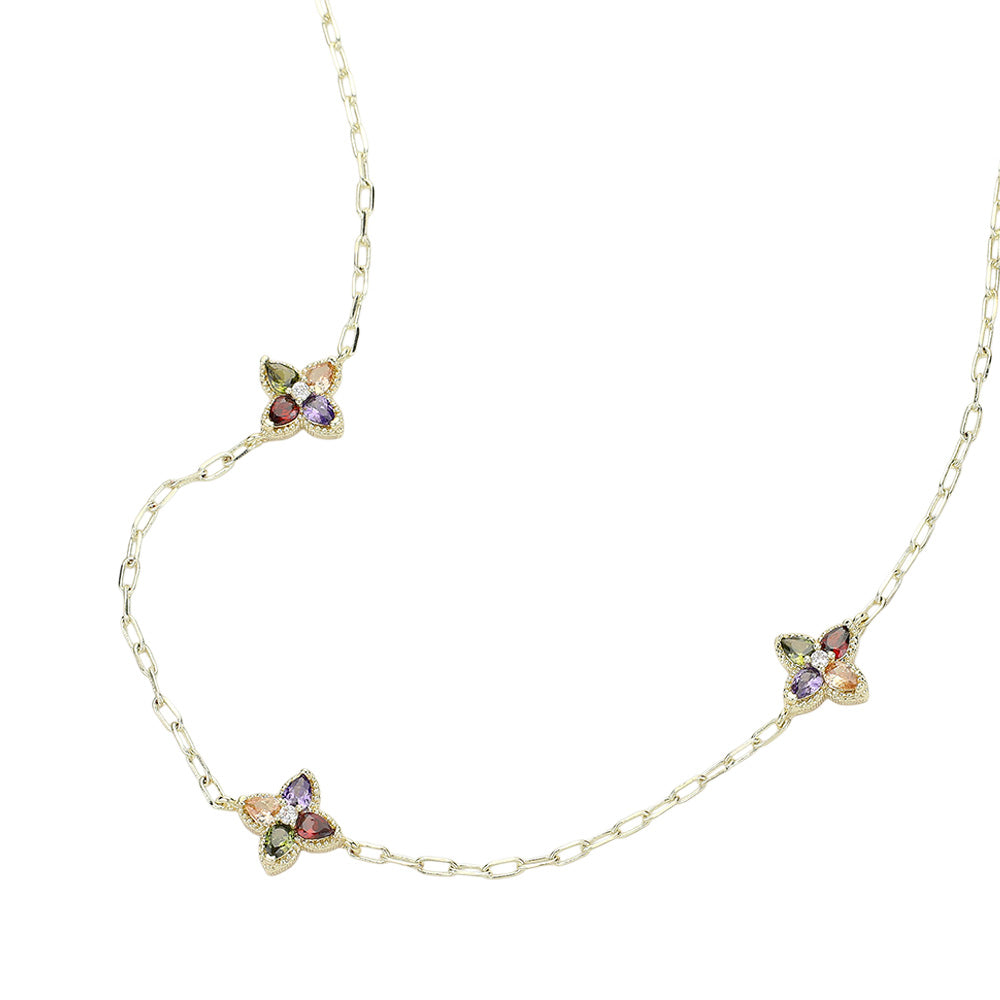 iLLASPARKZ 14K Gold Plated Colorful CZ Stone Clover Pendant Station Paperclip Chain Necklace