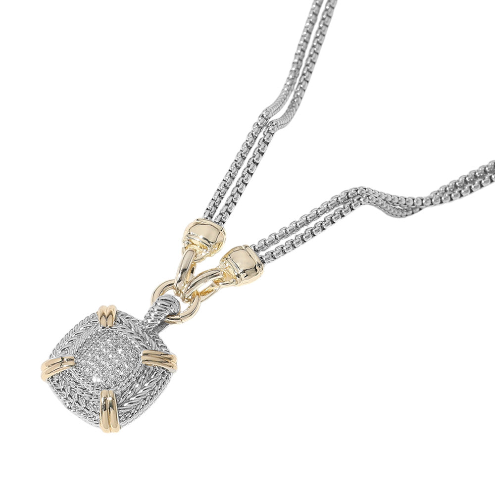 iLLASPARKZ 14K Gold Plated Two Tone CZ Stone Paved Square Pendant Double Chain Necklace