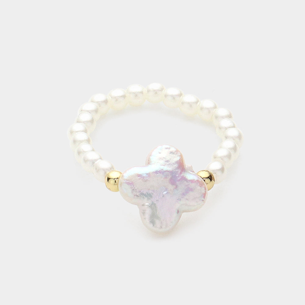 iLLASPARKZ Mother Of Pearl Quatrefoil Pointed Pearl Stretch Ring