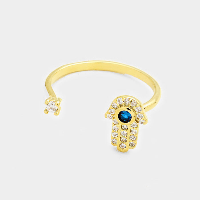 iLLASPARKZ SECRET BOX_14K Gold Dipped CZ Hamsa Hand Evil Eye Ring