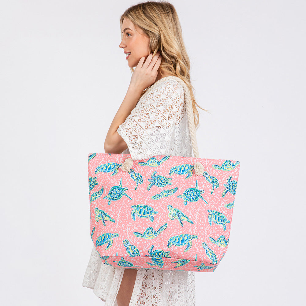 iLLASPARKZ Hand Drawn Sea Turtle Pattern Printed Beach Tote Bag