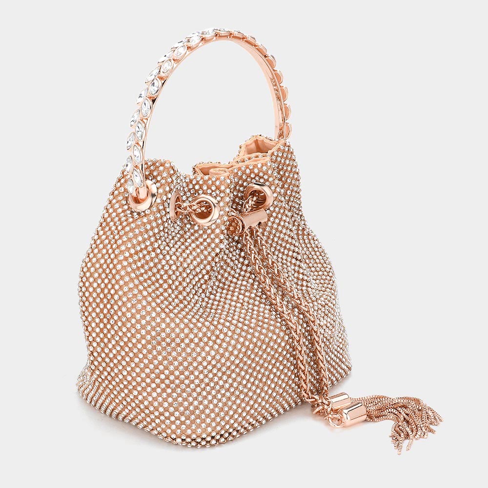 iLLASPARKZ Bling Rhinestone Mesh Metal Draw String with Glass Stone Embellished Top Handle Bucket Bag / Crossbody Bag