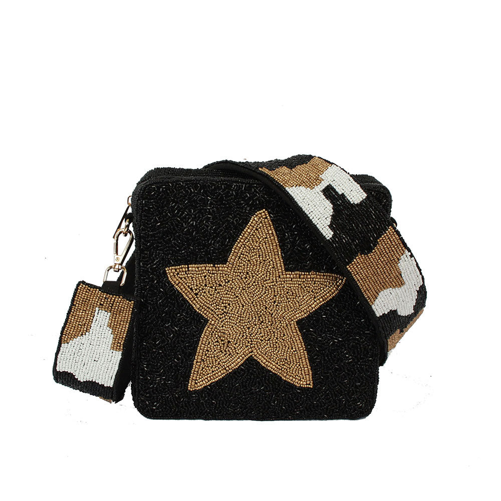 iLLASPARKZ Seed Beaded Star Accented Square Camouflage Crossbody Bag