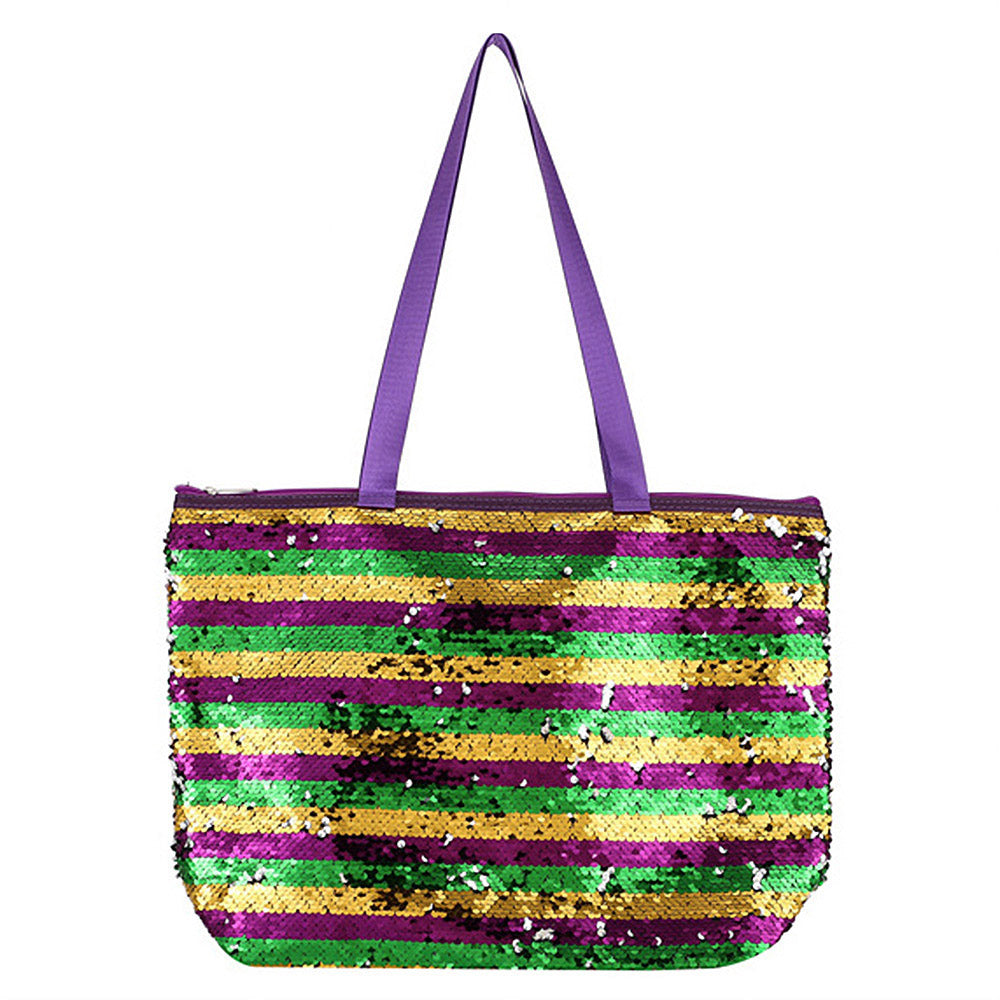 iLLASPARKZ Mardi Gras Stripe Sequin Tote Shoulder Bag