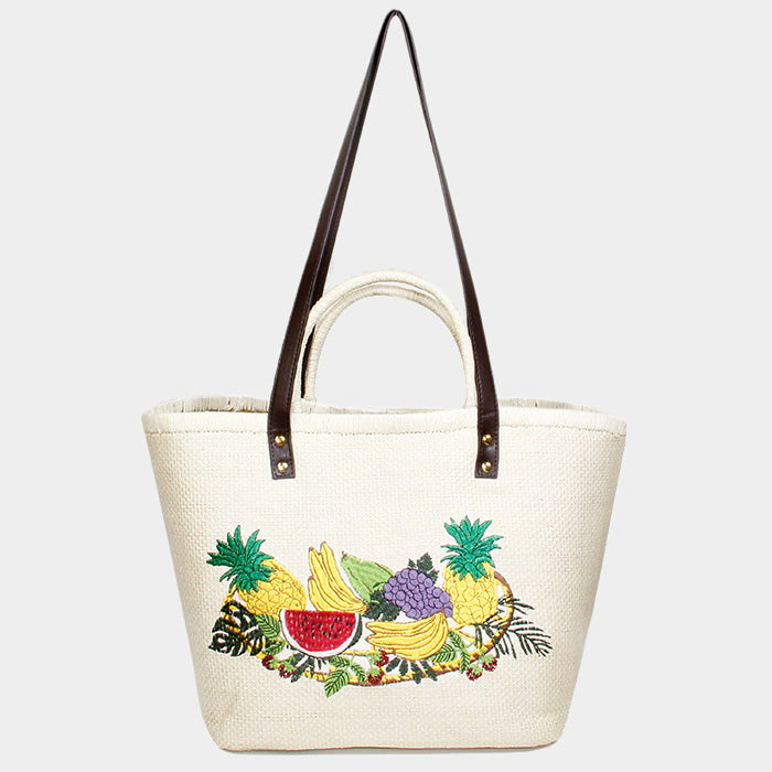 iLLASPARKZ Embroidery Fruits Straw Double Hands Basket Tote Bag