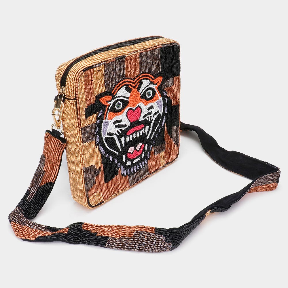 iLLASPARKZ Seed Beaded Tiger Print Square Crossbody Bag