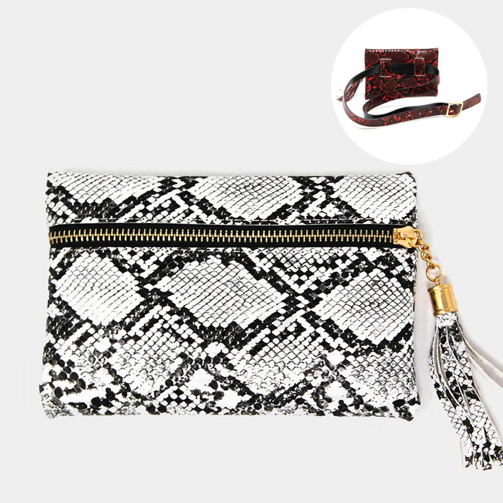 iLLASPARKZ Snakeskin Print With Tassel Clutch / Belt Bag