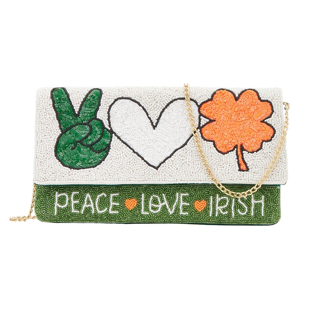 iLLASPARKZ PEACE LOVE IRISH Message Sequin Beaded Clutch / Crossbody Bag