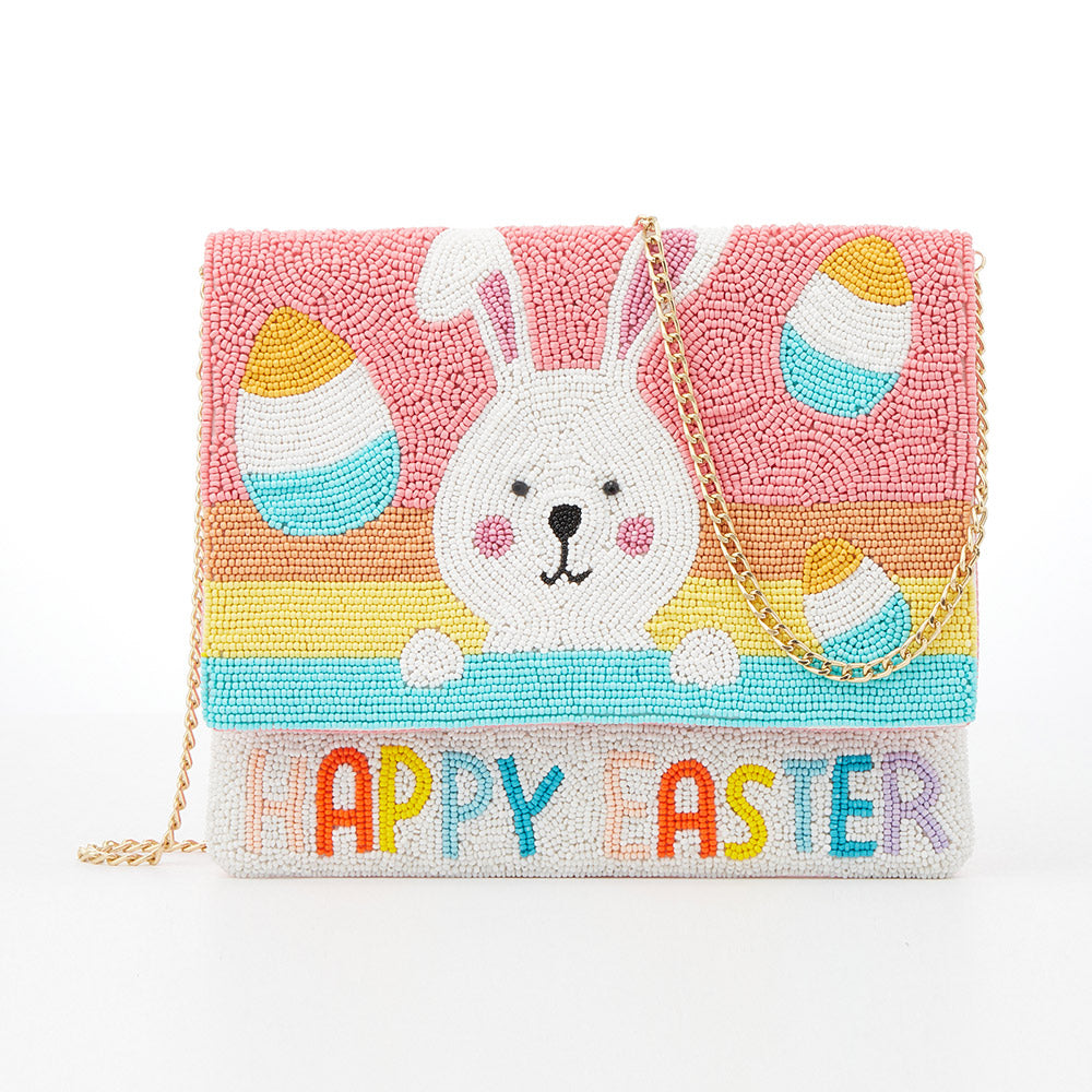 iLLASPARKZ HAPPY EASTER Message Seed Beaded Easter Bunny Clutch / Crossbody Bag