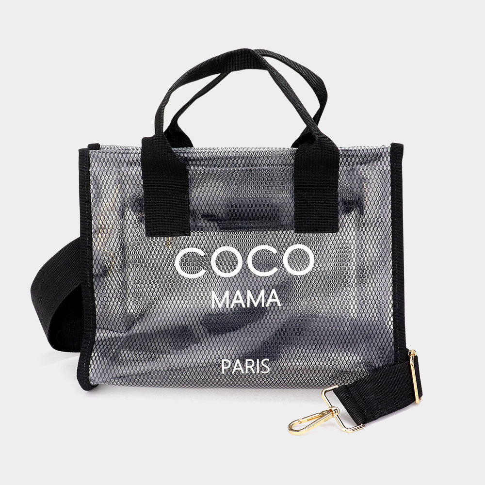 iLLASPARKZ COCO MAMA Message Pointed Transparent Mesh Tote Bag / Crossbody Bag