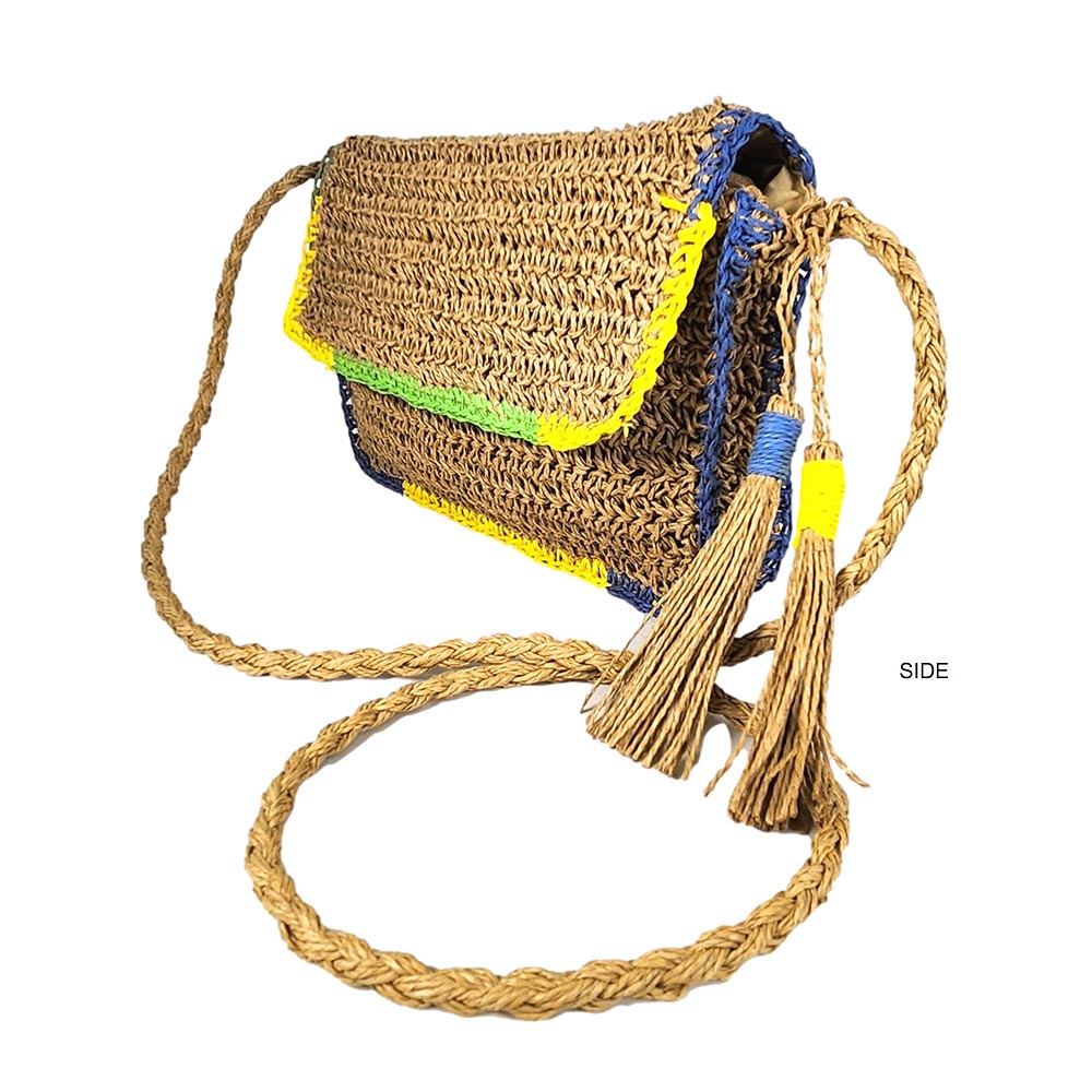 iLLASPARKZ Double Tassel Pointed Color Block Straw Crossbody Bag