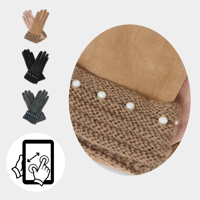 iLLASPARKZ Pearl Detail Faux Suede Smart Touch Gloves