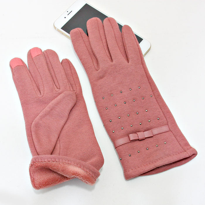 iLLASPARKZ Fleece Lined Leather Bow Trim Crystal Stud Winter Cotton Gloves