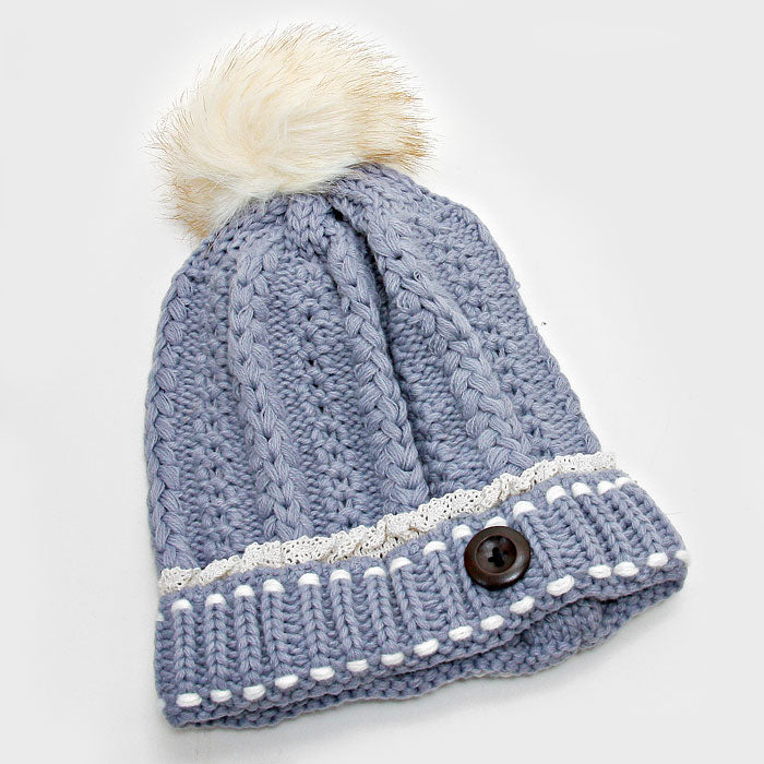 iLLASPARKZ Button Accented Winter Knit Pom Pom Beanie Hat