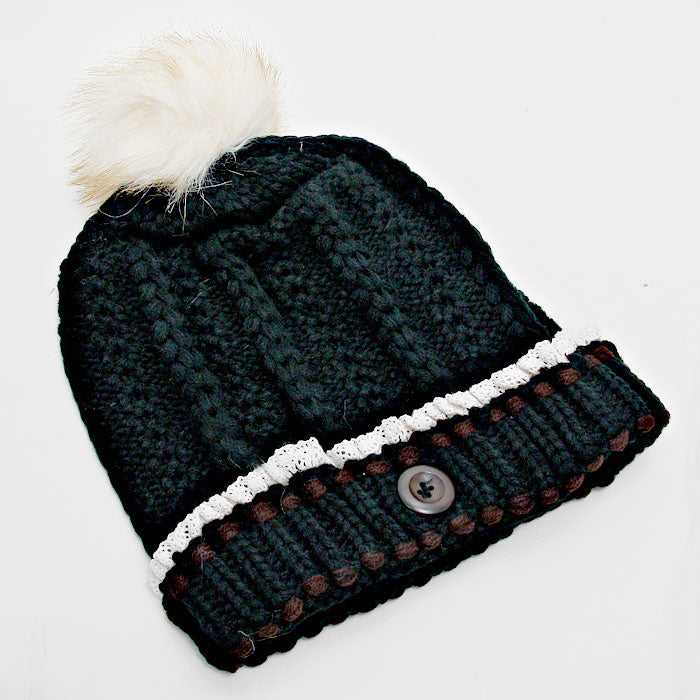 iLLASPARKZ Button Accented Winter Knit Pom Pom Beanie Hat