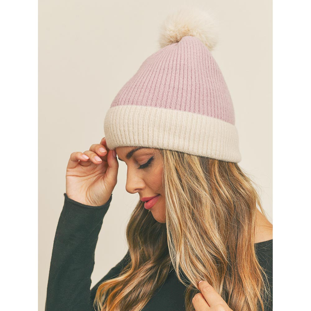 iLLASPARKZ Two Tone Knit Pompom Beanie Hat