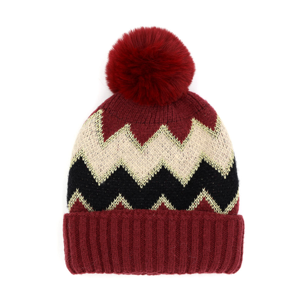 iLLASPARKZ Zigzag Chevron Patterned Fuzzy Fleece Pom Pom Beanie Hat