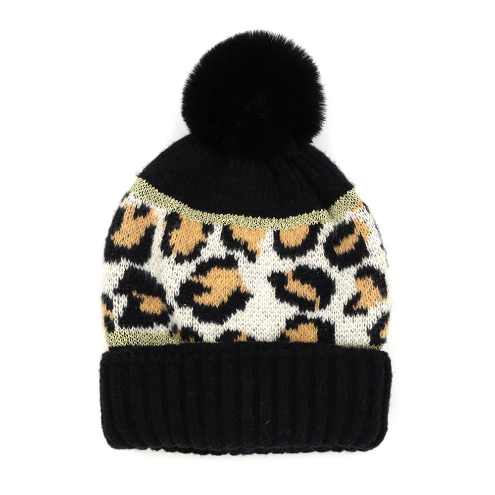 iLLASPARKZ Leopard Patterned Pom Pom Beanie Hat