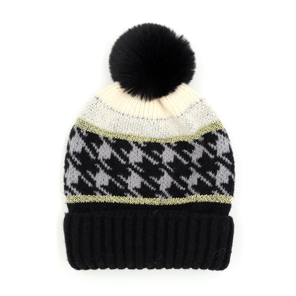 iLLASPARKZ Houndstooth Patterned Pom Pom Beanie Hat