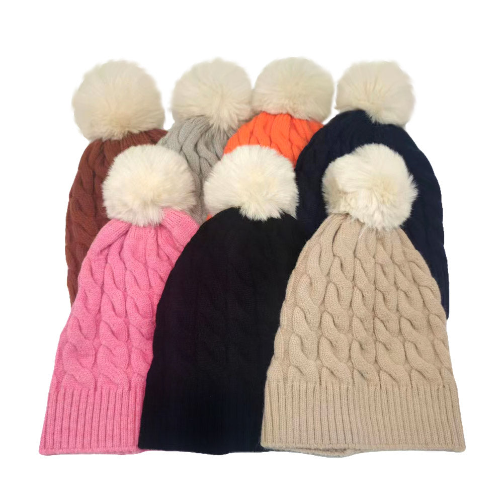 iLLASPARKZ Cable Knit Faux Fur Pom Pom Beanie Hat