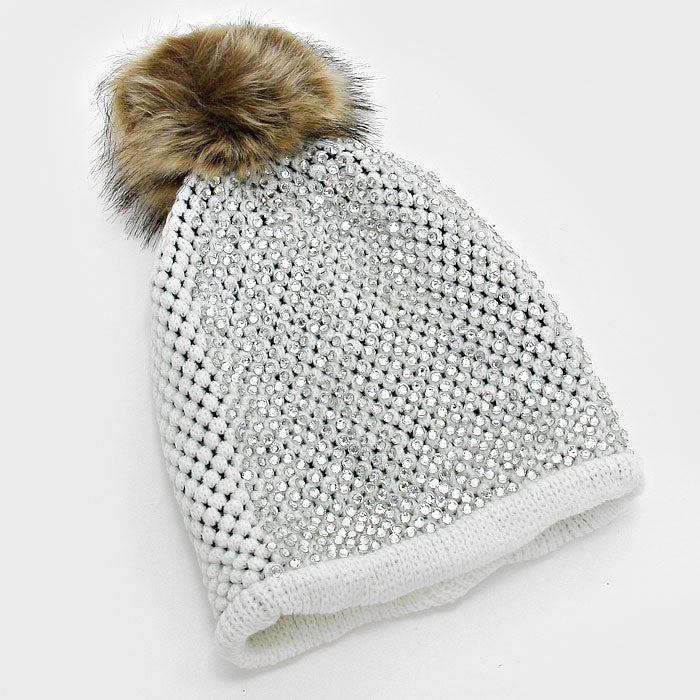 iLLASPARKZ Crystal Studded Knit Beanie Hat with Pom Pom Fur