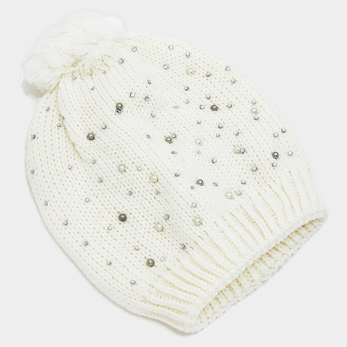 iLLASPARKZ Crystal Pearl Studded Pom Pom Beanie Hat