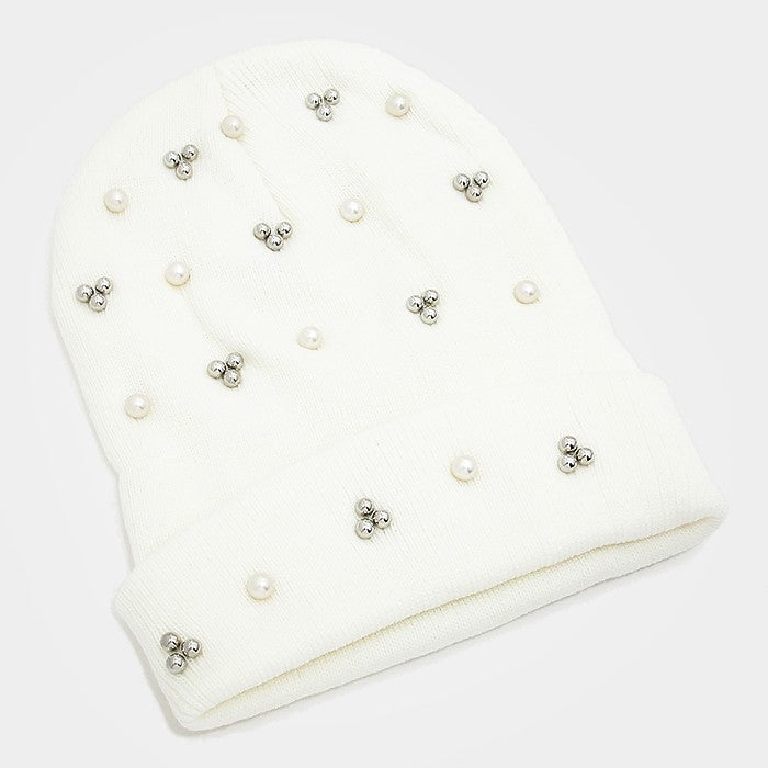 iLLASPARKZ Crystal Pearl Studded Fold Over Beanie Hat